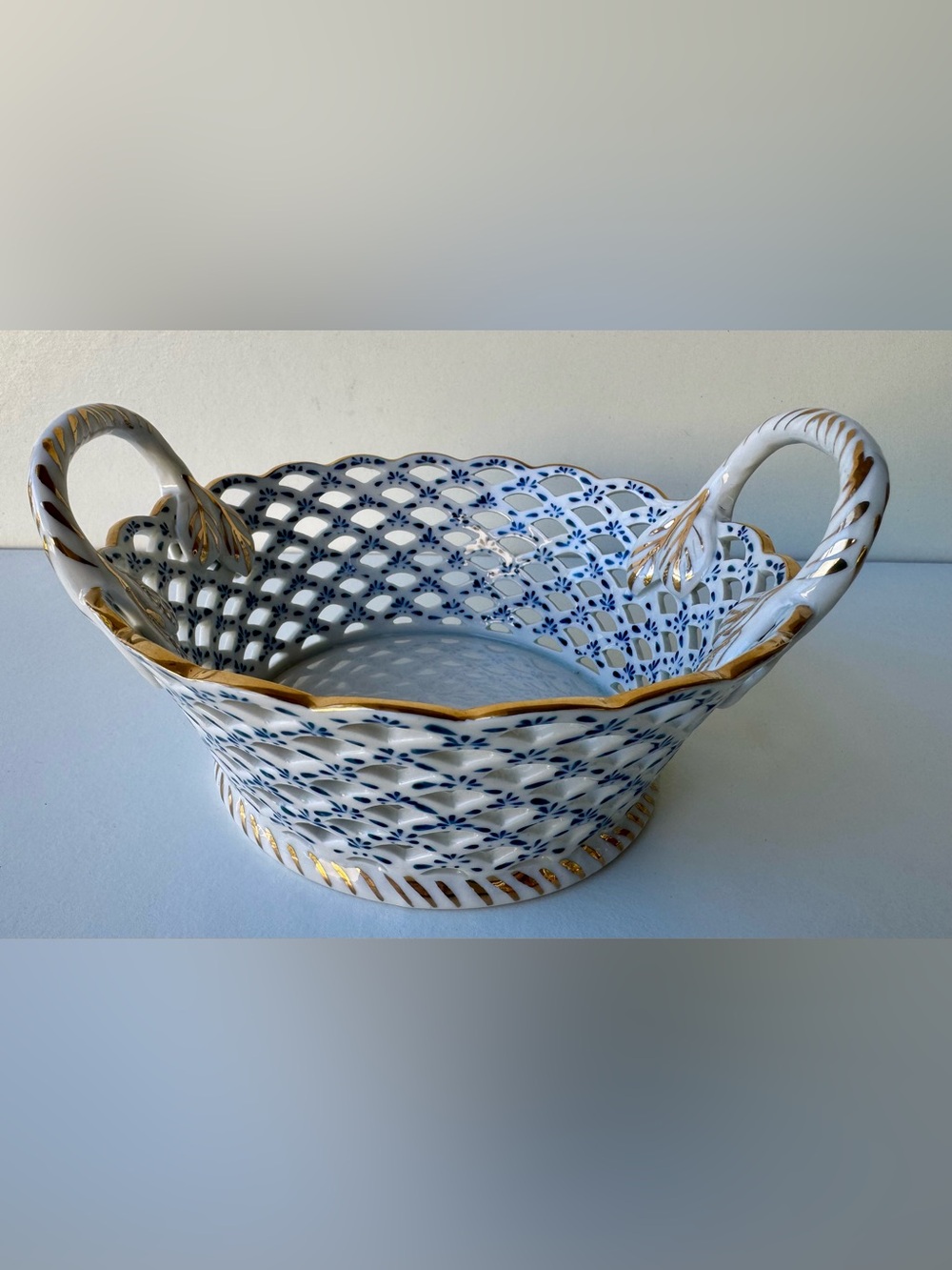 Andrea by Sadek Porcelain Reticulated Lattice Blue White & Gold Floral Basket